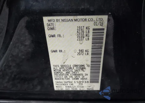 2016 Nissan Altima 2.5/2.5 S/2.5 Sl/2.5 Sr/2.5 Sv z USA, uszkodzony, nr VIN 1N4AL3AP9GC150938